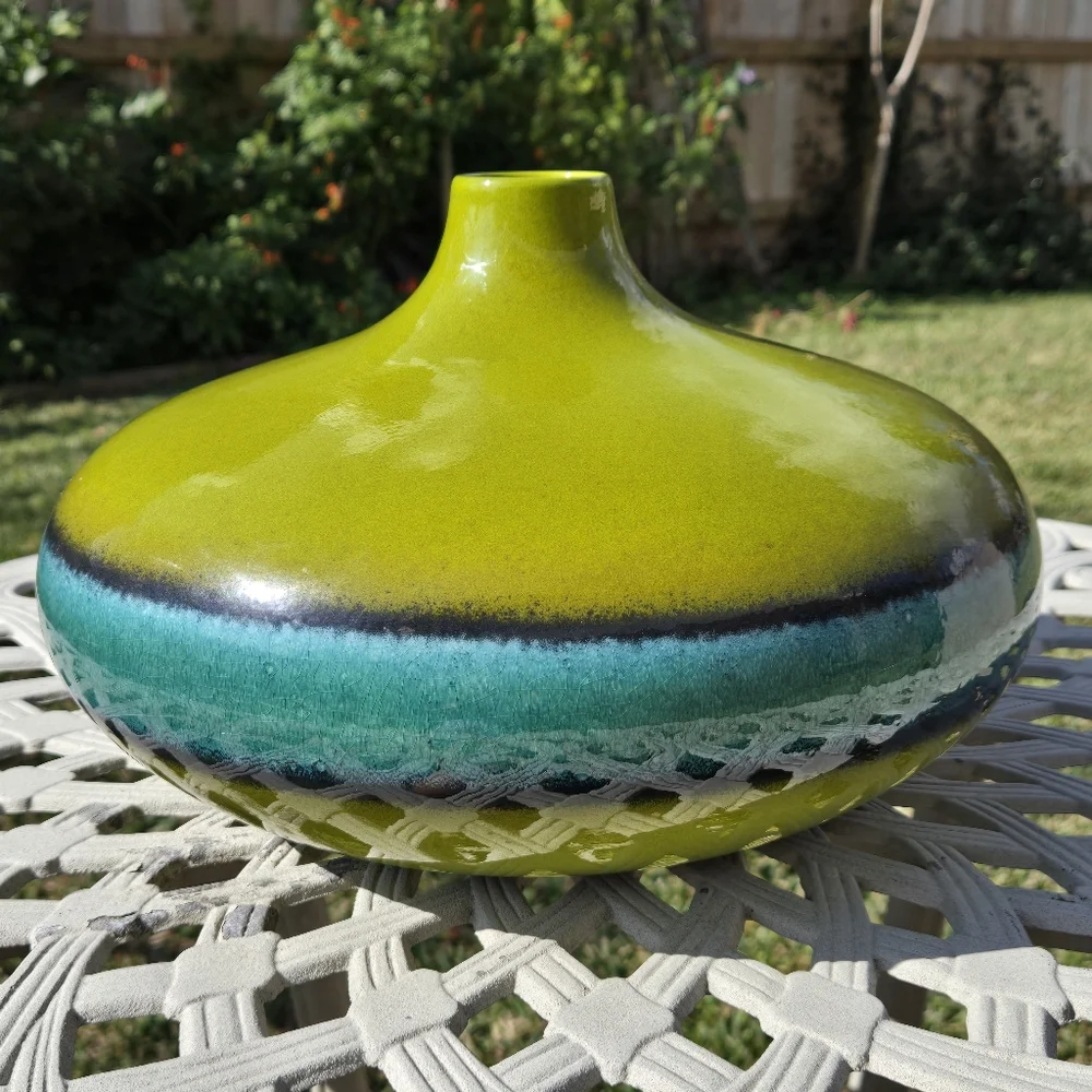 Crate & Barrel Green Blue Wide Vase 13